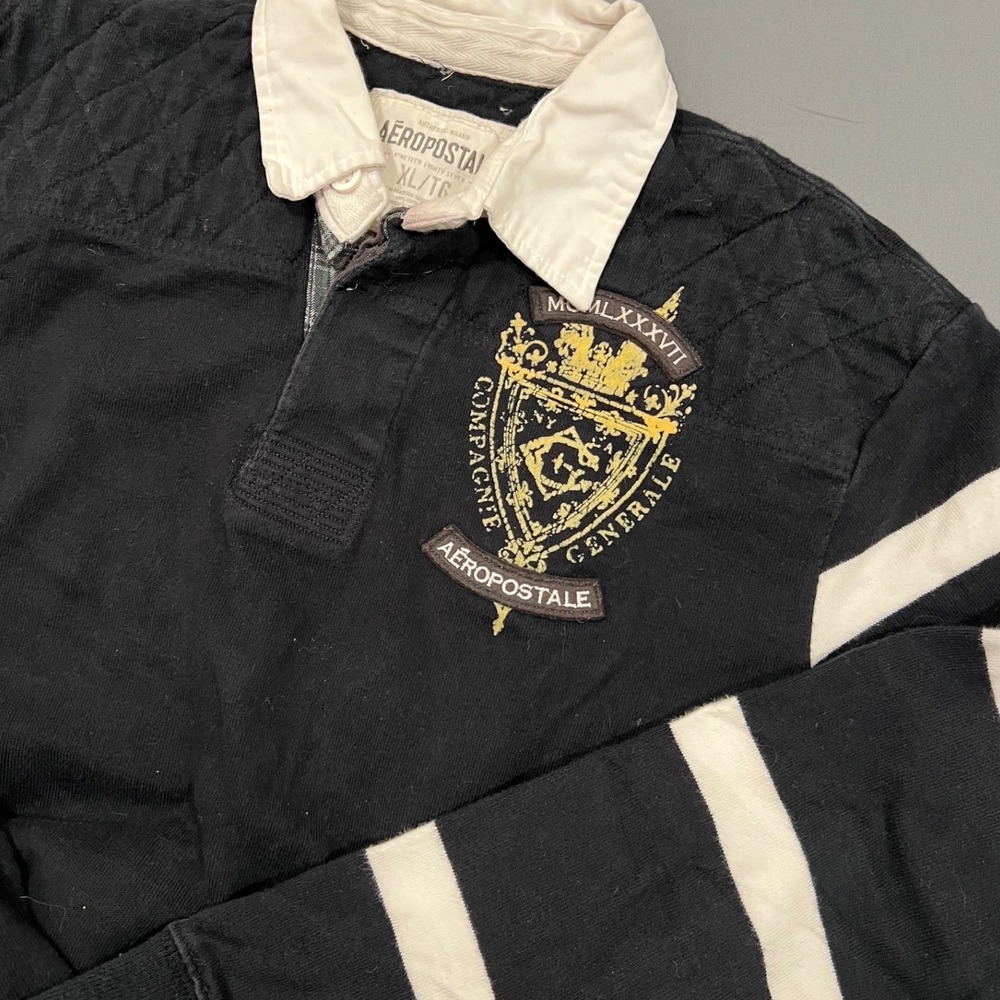 Aeropostale Mens XL Black Striped Long Sleeve Rugby Shirt Vintage Y2K Crest 87